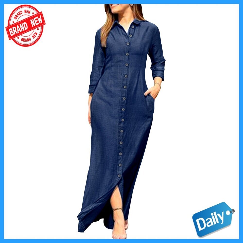 Long Sleeve Button Down Shirt Dress Maxi Casual Loose Fit with Pockets